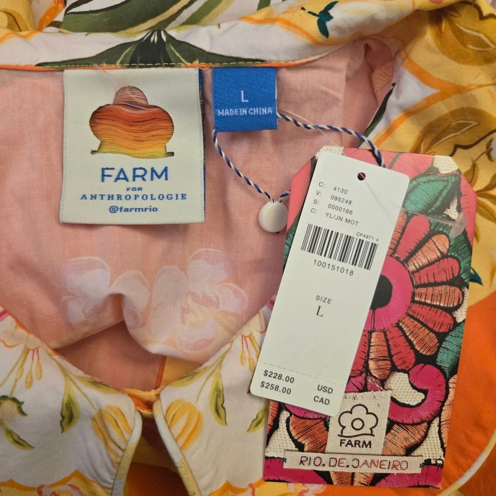 FARM Rio Tropical Floral Puff Sleeve Button Front Mini Dress L Resortwear NWT - Picture 8 of 13